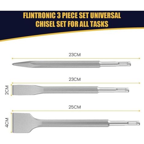 flintronic SDS Plus Meißel, 3er-Set (Breitmeißel, Flachmeißel, Spitzmeißel) für leichte Bohrmaschinen und Schlagbohrmaschinen für Standardarbeiten in Beton, Fliesen und Bausteinen (1/5)