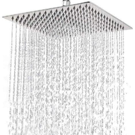 Soffione doccia quadrato da 20 cm con getto a pioggia in acciaio inox, ultra sottile, dotato di 100 ugelli in silicone, rotazione a 360° e attacco universale da 1/2 pollice. (1/4)