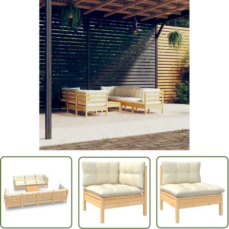The Living Store 8-tlg. Garten-Lounge-Set mit Creme Kissen Massivholz Kiefer - Gartensessel - Lounge Set - Gartenmöbeln - Outdoor Möbel - Rattan Sessel (1/5)