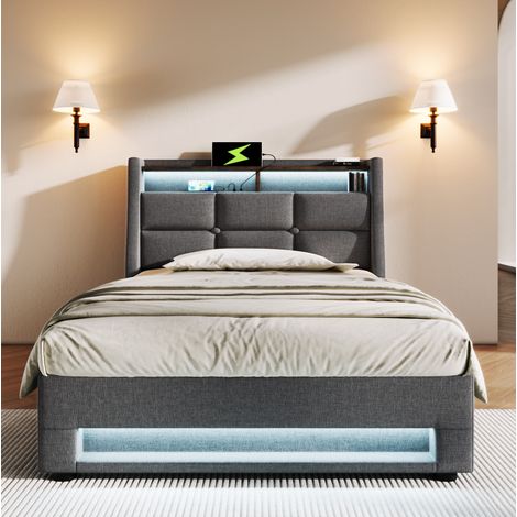 Lit coffre capitonné en lin gris 90x200 cm avec LED, USB et sommier à lattes inclus (1/5)