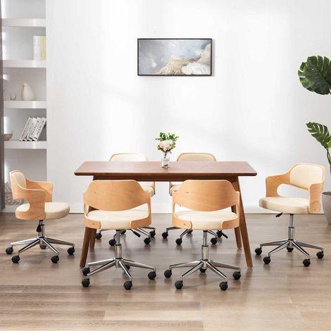vidaXL Sillas de comedor giratorias 4 uds madera curvada cuero crema (1/5)