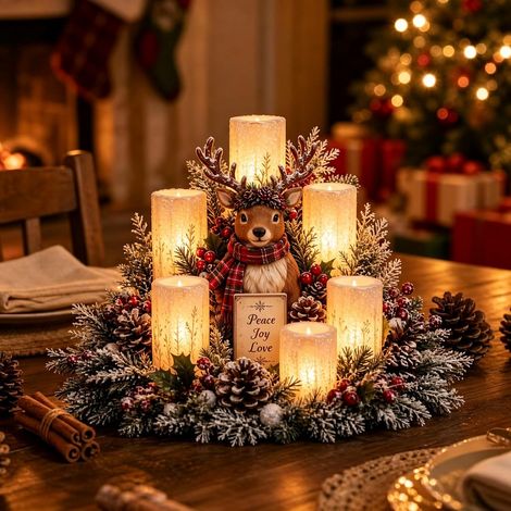 Beleuchtetes Weihnachts-Mittelstück mit flammenloser Kerze (Rentier). Weihnachtliche Tischdekoration aus Kunstharz mit frostigem Laub und roten Beeren. (1/5)