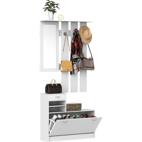 Ensemble de rangement 3 en 1 avec porte-manteau, miroir et banc à chaussures – 6 crochets et étagère réglable, blanc