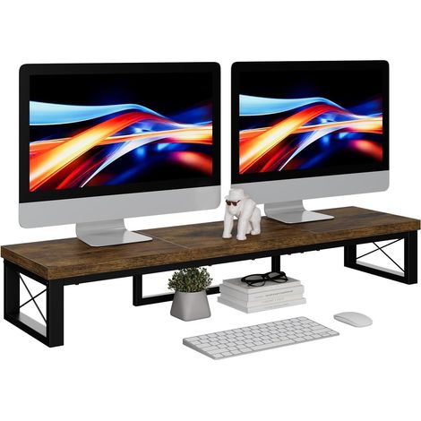 Support pour Double écran Moniteur, Support de Bureau en Bois de 97 cm, Bureau avec Double écran, Adapté aux PC, Imprimantes, Ordinateurs Portables, TV, Marron TDJ002 (1/5)