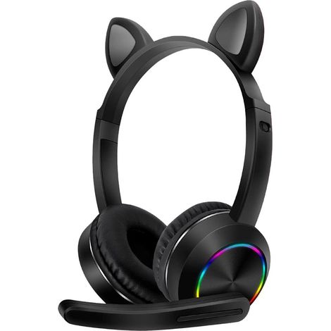 Casque Bluetooth, casque sans fil, casque à oreilles de chat avec lumière LED, microphone intégré, cadeau informatique adorable et confortable (noir) (1/3)