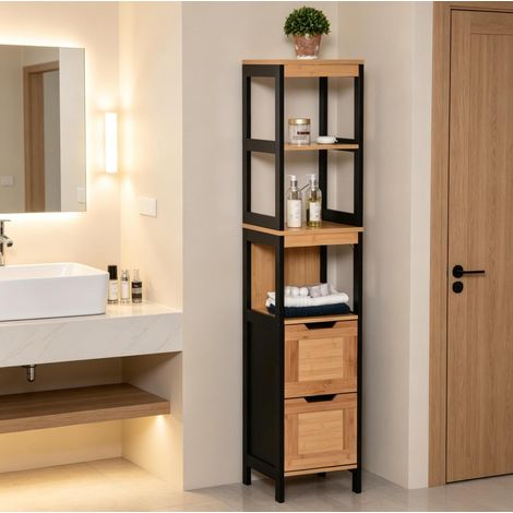 Colonne de rangement de salle de bain en bambou et MDF, 3 étagères, 2 tiroirs, noir (1/5)