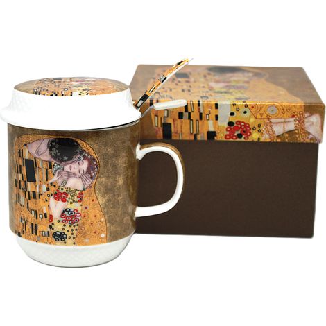 Taza de porcelana Gustav Klimt El Beso con infusor, tapa y cuchara. (1/5)