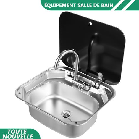 WAOBDLA RV Caravane bateau lavage main lavabo évier 304 acier inoxydable avec robinet plié couvercle en verre trempé (1/5)