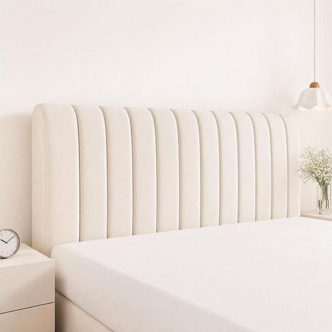 Housse de tête de lit - Rayures verticales - Anti-poussière - Extensible - Tissu en velours doux épais - Housse de tête de lit tout compris pour chambre à coucher (200 x 70 cm, beige) (1/5)