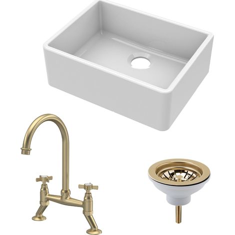 Fireclay Kitchen Bundle - Single Bowl Butler Sink, Strainer Waste & Bridge Crosshead Mixer Tap, 595mm - Brushed Brass - Balterley