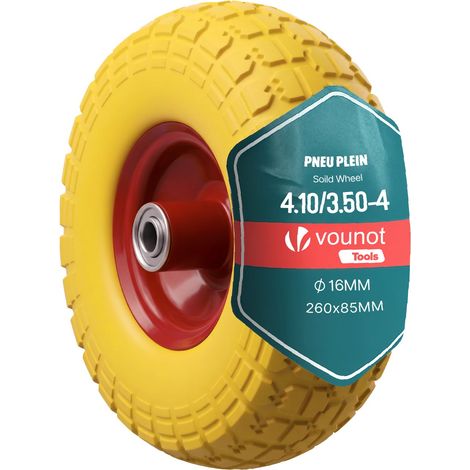 VOUNOT® Roue increvable 3.5-4 (260x85mm) en PU - Alésage 16mm - Roulements à billes - Moyeu métal - Jaune (1/5)