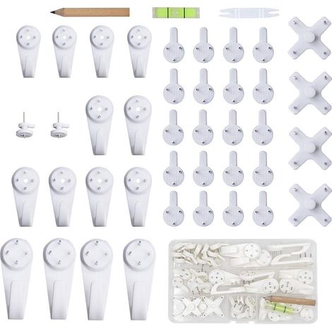 Questo kit di montaggio a parete da 43 pezzi include ganci per cornici, chiodi per appendere quadri, foto e specchi e una matita.