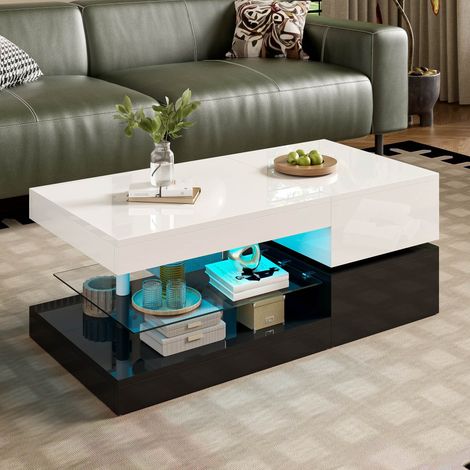 Table basse brillante 90x45x35.5 cm avec éclairage d'ambiance LED contrôle par application et Bluetooth Pour salon Noir et Blanc