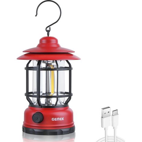 Lanterne de camping rechargeable, lampe de camping rétro en métal, lampe de tente suspendue à intensité variable pour le camping, les urgences, la pêche, la randonnée(rouge) (1/5)