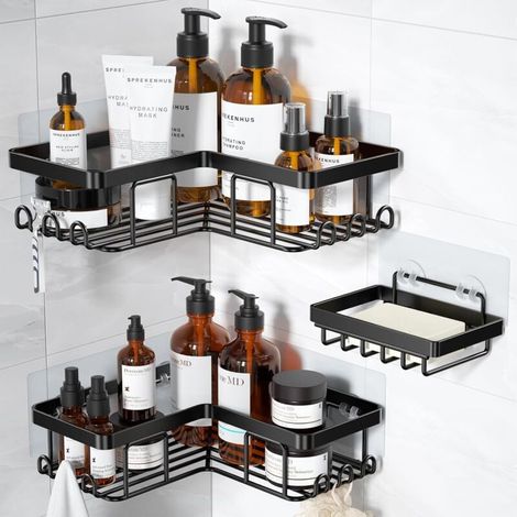 Mensola angolare adesiva per doccia con portasapone e 12 ganci, organizer da bagno in acciaio inox antiruggine, nero, set da 3 (1/4)
