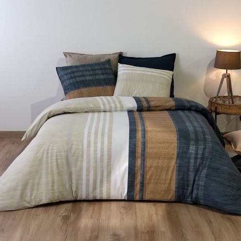 Parure housse de couette 260x240cm + 2 taies motif rayé bleu et beige 100% coton - ORMAN (1/4)