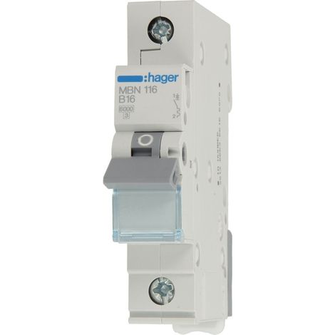 Hager – Disjoncteur unipolaire 6kA B16A 1 module – Protection contre surcharges et courts-circuits – Montage sur rail DIN (1/3)