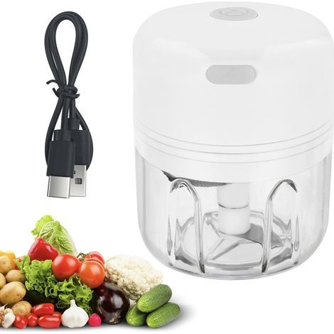 Hachoir Électrique 250 ml, Mixeur Hachoir Rechargeable USB, Portable Mini Coupe Legumes avec 3 Lames en Acier Inoxydable pour Oignon, Ail, Viande, Légumes et Les Fruits (Blanc) (1/5)