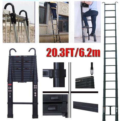 Extensible 6.2m 20.3FT Echelles 150kg Capacité de charge Alu Télescopique Avec 2 Crochets