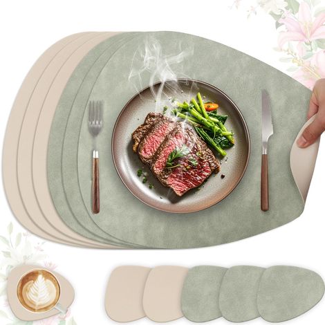 Set de Table Lavable et Antidérapant, Lot de 6 Sets de Table en Cuir PU Double Face, Décoration de Cuisine et Cadeau Ovale 41x33cm(Vert Clair + Beige)