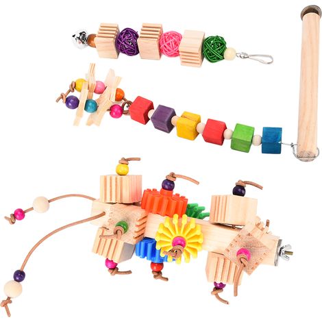 Ensemble de 3 jouets à mâcher pour perroquet : bloc de bois à fentes, support pour perroquet, bâtonnet et jouet à mâcher en cage. (1/5)