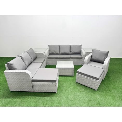 Fimous 9 Seater Poly Rattan Outdoor Garden Furniture Square Coffee Table Sofa Set Patio 3 Seater Sofa Reclining Chair 3 Seater Sofa 2 Big Footstools 2 Side Table Light Grey (1/4)