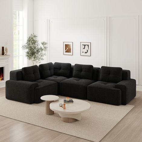 REDOM - Canapé d'angle modulaire, sans montage, assise profonde, base antidérapante, larges accoudoirs, velours côtelé noir (1/5)