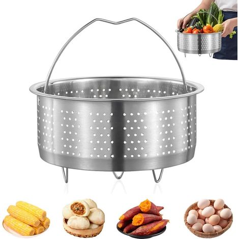 Rejilla de vapor con escurridor - Cesta para vapor - Rejilla para vapor - Cesta para vapor - Colador - Rejilla para vapor con asa - Acero inoxidable - Plata (1/5)