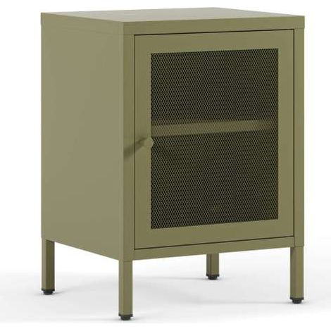 Mesita de noche para dormitorio Felix 1 puerta acabado en metal verde, 40cm(ancho) 60cm(alto) 35cm(fondo). (1/5)