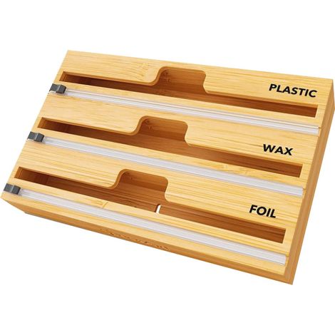 Distributeur de film étirable en bambou avec coupe-film coulissant, papier aluminium, organisateur de film étirable et de papier aluminium, coupe-papier aluminium, distributeur de film étirable 3 en 1 (1/5)