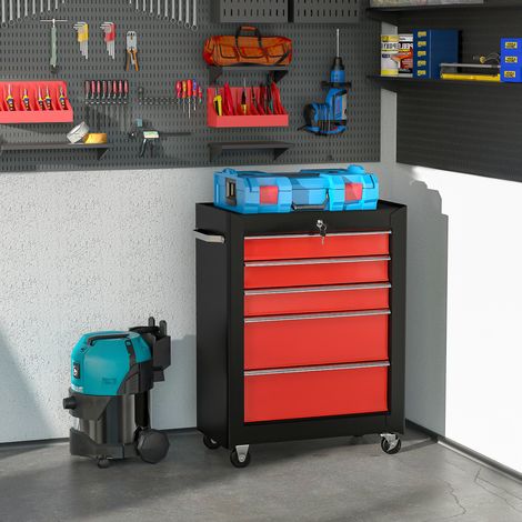 Chariot d'atelier mobile, servante en métal avec 5 tiroirs sécurisés et 2 clés, 61,5 x 33 x 82,5 cm, rouge