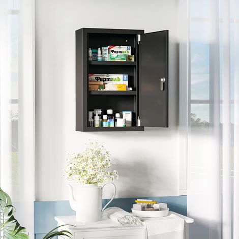 Armoire à pharmacie à 3 étagères avec serrure en acier et clés. 30 x 14 x 46 cm. Noire.