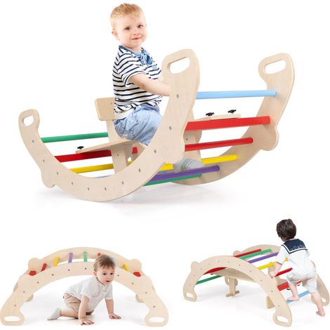 Conjunto de 1 arco de escalada y caballo balancín 112 x 52 x 44 cm 4 en 1 seguro y divertido fabricado en madera de haya multicolor 200010192