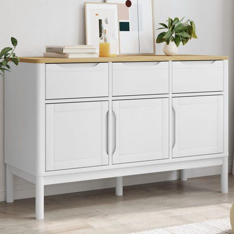 Buffet bas en bois massif de pin, meuble de rangement blanc 114x43x74 cm (1/5)