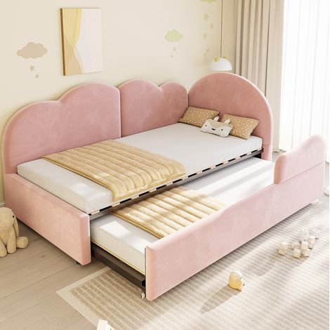 Letto estraibile 90/180x200 cm in velluto rosa con testiera a nuvola e forma a L (1/5)