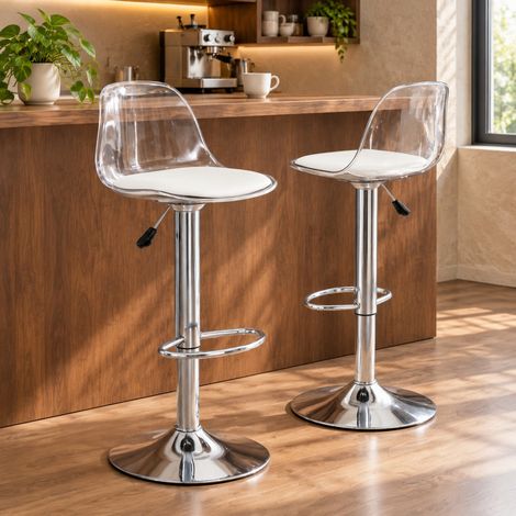 Lot de 2 tabourets de bar réglables blanc et argent, dossier transparent en plastique, pieds métal, pivotants à 360°, hauteur 82-104 cm, base 40,5 cm FLORAGRACE (1/5)