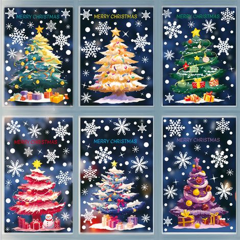 Autocollants de Noël pour fenêtres : Père Noël, sapin de Noël, flocons de neige, décoration festive, autocollants statiques pour vitres - [Six combinaisons] 545-547+549-551