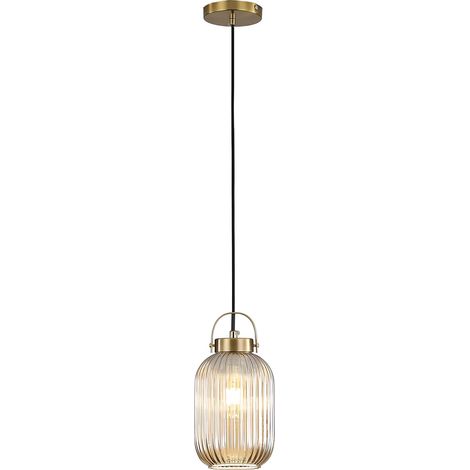 Luminaires suspension, douille de lampe dorée avec abat-jour en verre rayé, lustres, plafonnier pour cuisine, salon, chambre à coucher (Ambre, S) (1/5)