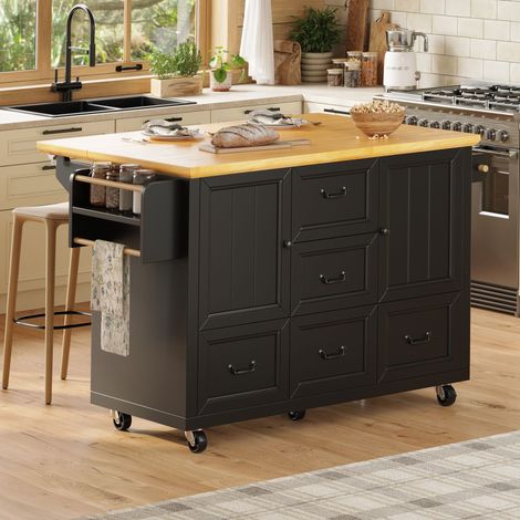 Îlot de cuisine, meuble de rangement, buffet, 120 x 73 (45) x 93 cm, desserte extensible sur roulettes avec porte-serviettes et étagère à épices, étagères réglables, deux portes, cinq tiroirs, blanc/n (1/5)