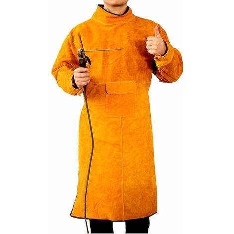 (XL-105cm) Tablier de soudeur unisexe en cuir de vache - jaune avec manches et col. tablier de protection pour le travail en atelier. résistant aux étincelles et à la chaleur (1/5)