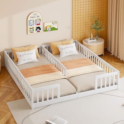 90 x 200 cm Lit Deux Place avec Barrières de Sécurité Lit d'enfant avec Sommier à Lattes en Bois Cadre de Lit Minimaliste(sans Matelas) (Blanc) (1/5)