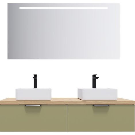 Meuble de salle de bain suspendu 2 vasques à poser 140cm 2 tiroirs Vert olive + miroir - Soho (1/5)