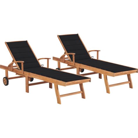 Conjunto de 2 tumbonas sillas de playa camas solares camas de jardín muebles de terraza con cojines negros madera maciza de teca 020012034