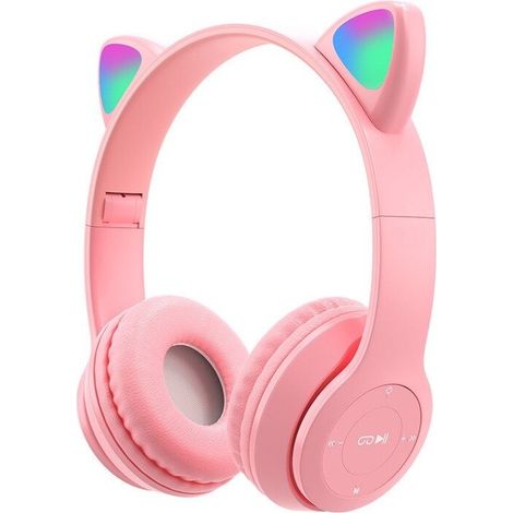 Casque sans fil pour enfants - Casque supra-auriculaire - Bluetooth - Avec microphone - Oreillettes de chat - Lumières LED - Rose clair (1/4)