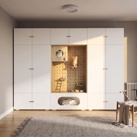 Dressing complet 270x50x200 cm avec arbre à chat intégré, Armoire de chambre multifonctionnelle et vestiaire d'entrée, avec 11 compartiments, Blanc (1/5)