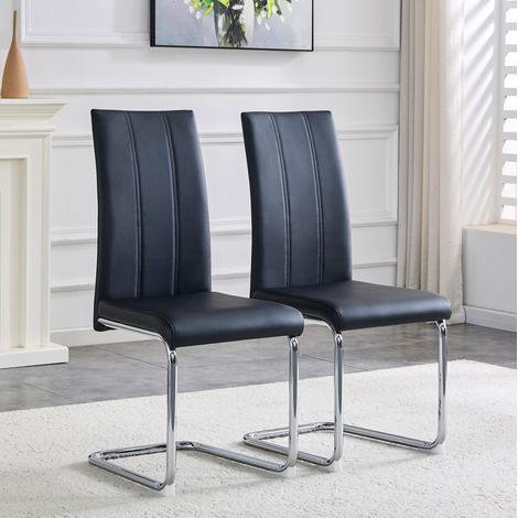 Silla de comedor, en imitación cuero PU y metal, con respaldo ergonómico, estilo moderno, negro (1/5)