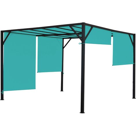 Pergola pavillon de jardin toit terrasse, structure acier stable 6cm + toit coulissant bleu turquoise 3x3m 040004070