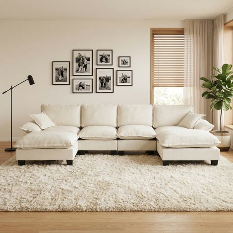 Ecksofa Chenille Beige 332x151x90 cm mit flexiblem Ottomanen-Modul und abnehmbaren Armlehnen (1/5)
