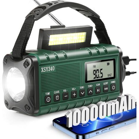 Ein Notfall-Wetterwarnradio mit Solar- und Handkurbelstromerzeugung, USB-Ladefunktion und tragbarem Design. (1/5)