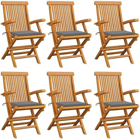 Lot de 6 Chaises de jardin avec coussins gris Fauteuil de Jardin Chaise d'extérieur Bois de teck massif 58051 (1/5)